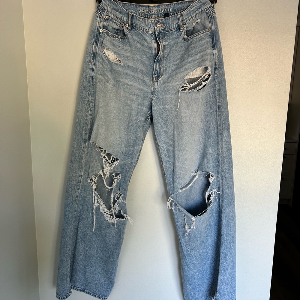 American Eagle Outfitters Distressed Light Blue Wide Leg Jeans
